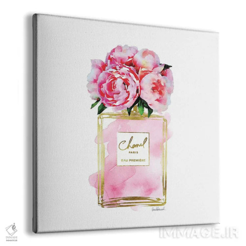 تابلو بطری عطر طلایی و صورتی با گل صدتومانی صورتی اثر آماندا گرینوود - نمای پرسپکتیو محصول