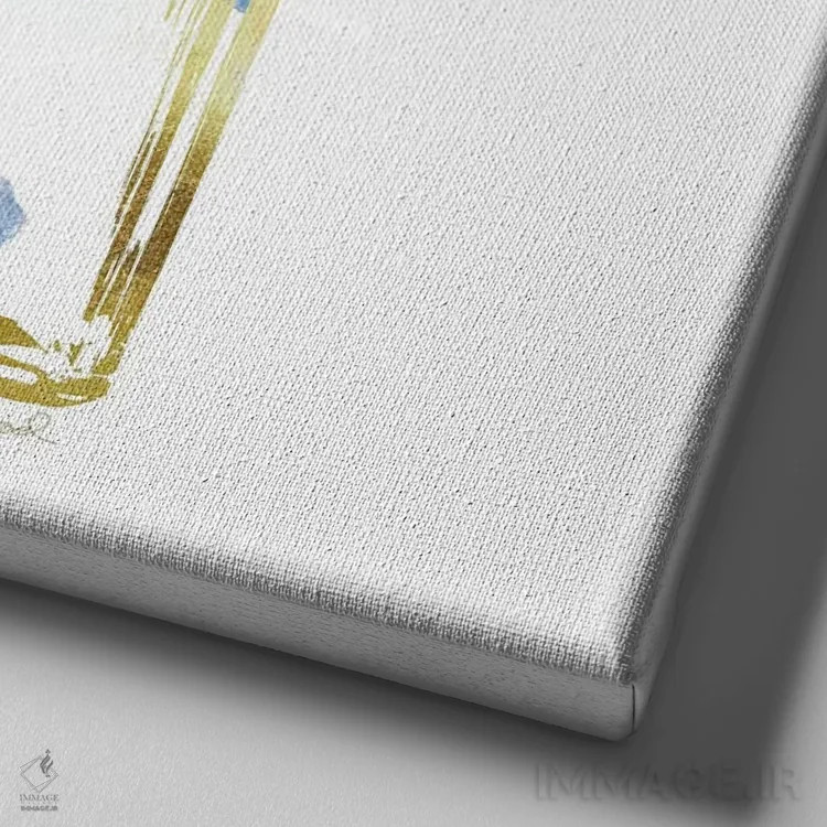 تابلو بطری عطر طلایی و آبی اثر آماندا گرینوود - نمای نزدیک بافت بوم