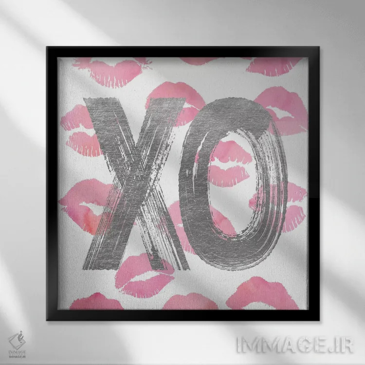 تابلو عشق OX نقرهای صورتی، مربع اثر آماندا گرینوود - نمای قابدار مشکی