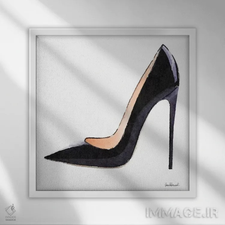 تابلو کفش پاشنهبلند مشکی بلند اثر آماندا گرینوود - نمای قابدار سفید