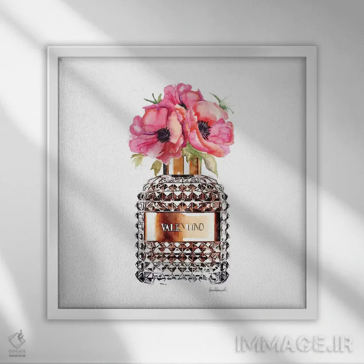 تابلو بطری عطر با شقایقهای قرمز اثر آماندا گرینوود - نمای قابدار سفید