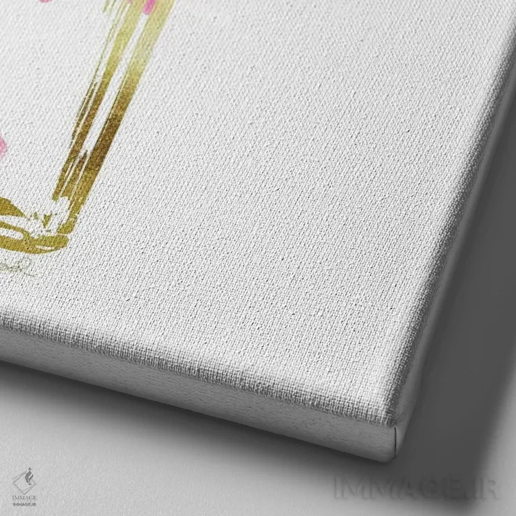 تابلو بطری عطر طلایی و صورتی درخشان اثر آماندا گرینوود - نمای نزدیک بافت بوم