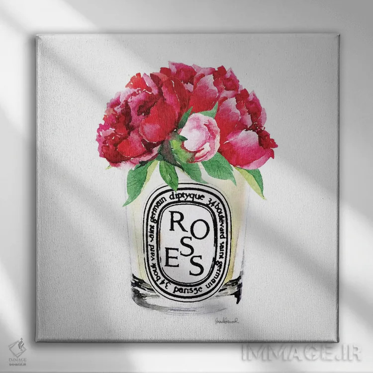 تابلو شمع با گل صدتومانی صورتی تیره اثر آماندا گرینوود - نمای روبهرو روی دیوار