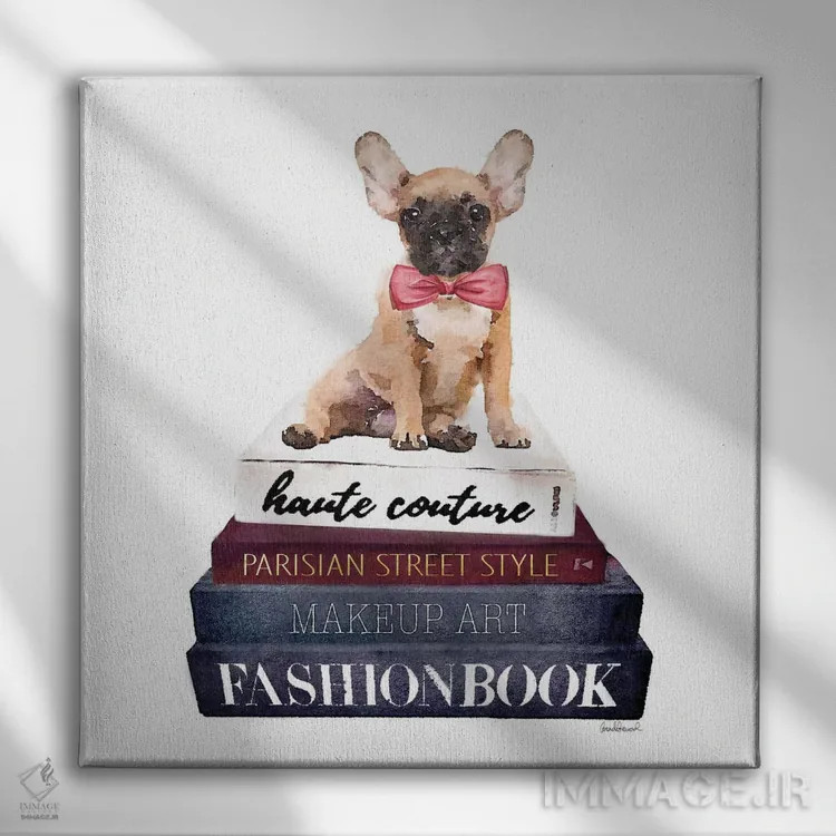 تابلو دستهای کتاب فشن با یک بولداگ فرانسوی اثر آماندا گرینوود - نمای روبهرو روی دیوار