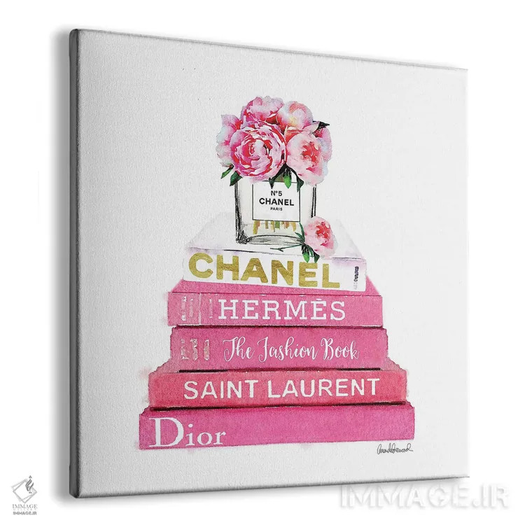 تابلو کتابهای فشن صورتی با گل صدتومانی صورتی اثر آماندا گرینوود - نمای پرسپکتیو محصول