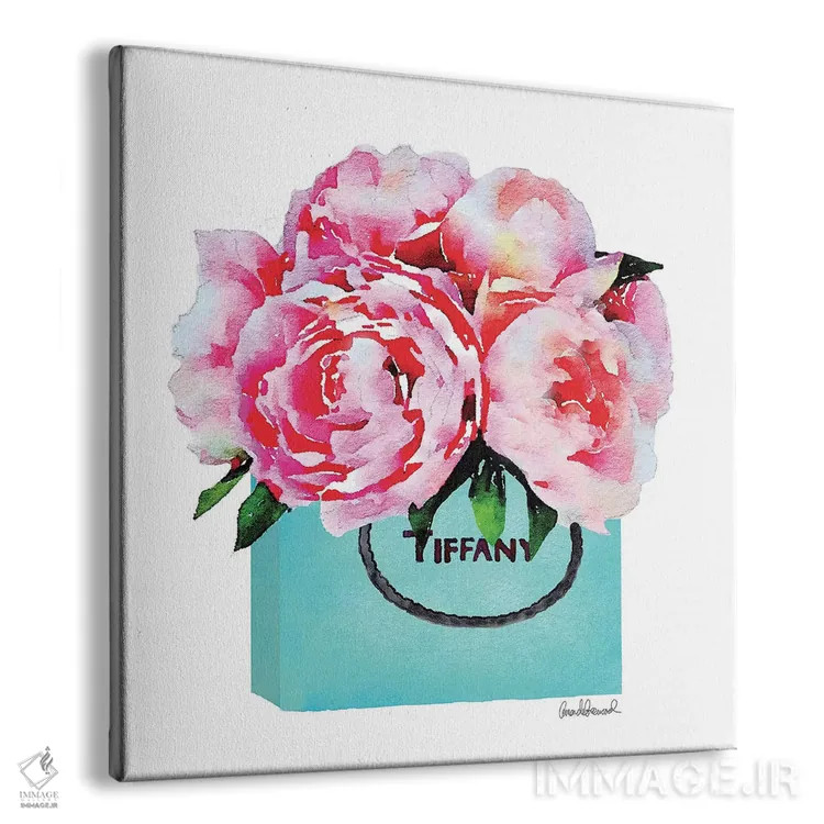 تابلو کیسه خرید فشن فیروزهای با گل صدتومانی صورتی اثر آماندا گرینوود - نمای پرسپکتیو محصول