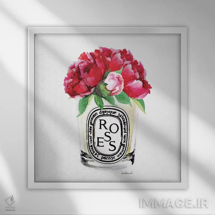 تابلو شمع با گل صدتومانی صورتی تیره اثر آماندا گرینوود - نمای قابدار سفید