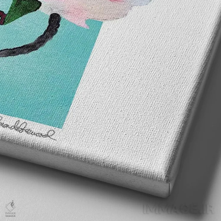 تابلو کیسه خرید فشن فیروزهای با گل صدتومانی صورتی اثر آماندا گرینوود - نمای نزدیک بافت بوم