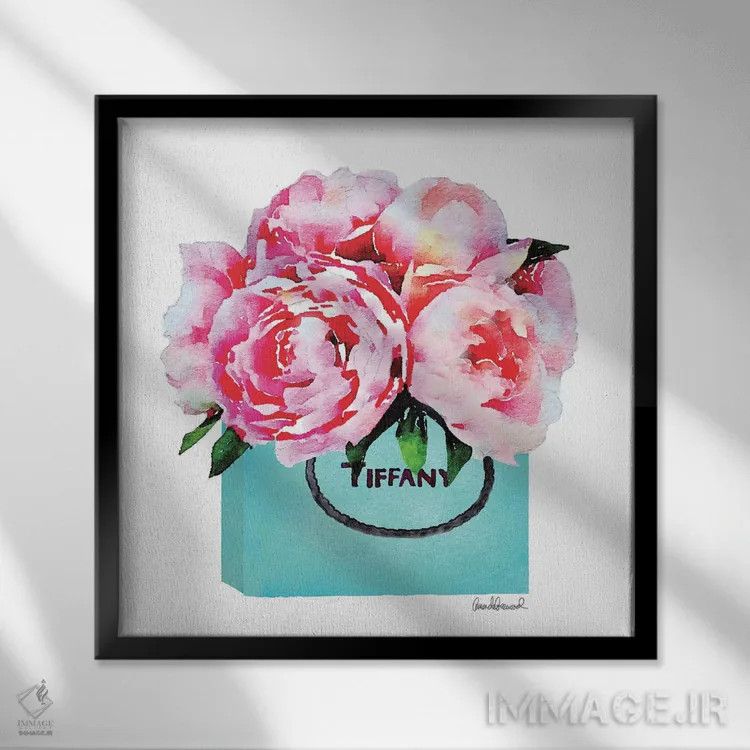 تابلو کیسه خرید فشن فیروزهای با گل صدتومانی صورتی اثر آماندا گرینوود - نمای قابدار مشکی