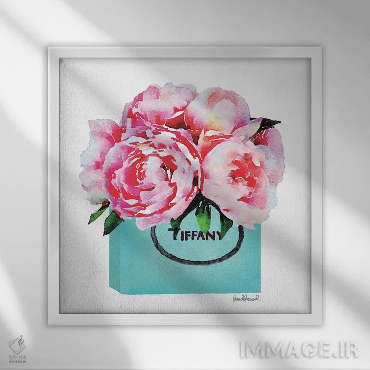 تابلو کیسه خرید فشن فیروزهای با گل صدتومانی صورتی اثر آماندا گرینوود - نمای قابدار سفید