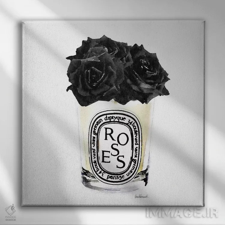 تابلو شمع با رزهای مشکی، مربعشکل اثر آماندا گرینوود - نمای روبهرو روی دیوار