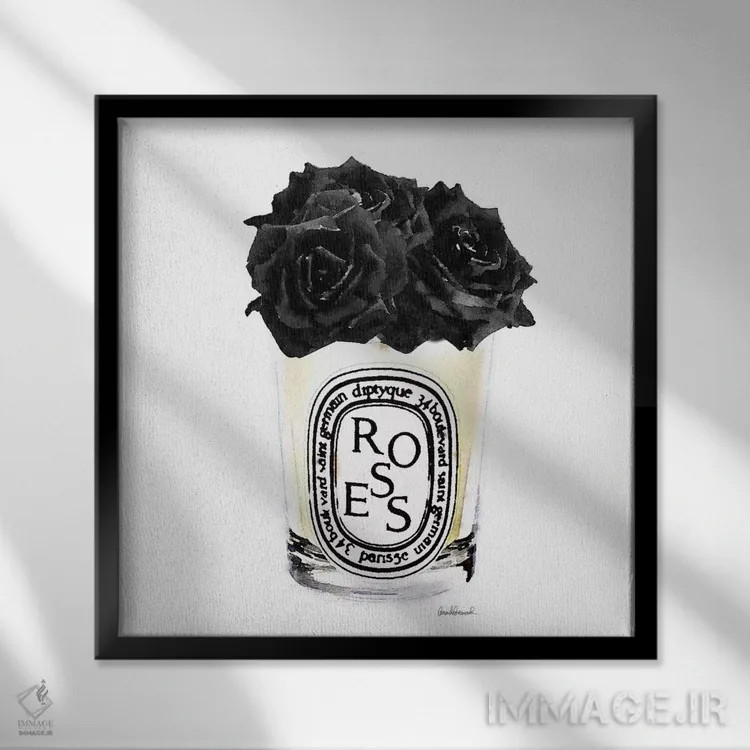 تابلو شمع با رزهای مشکی، مربعشکل اثر آماندا گرینوود - نمای قابدار مشکی