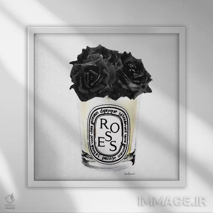 تابلو شمع با رزهای مشکی، مربعشکل اثر آماندا گرینوود - نمای قابدار سفید