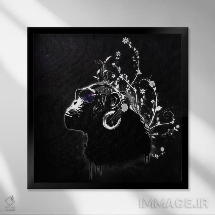 تابلو سکندری خوردن میمون اثر نیکلاس گوستافسون - نمای قابدار مشکی