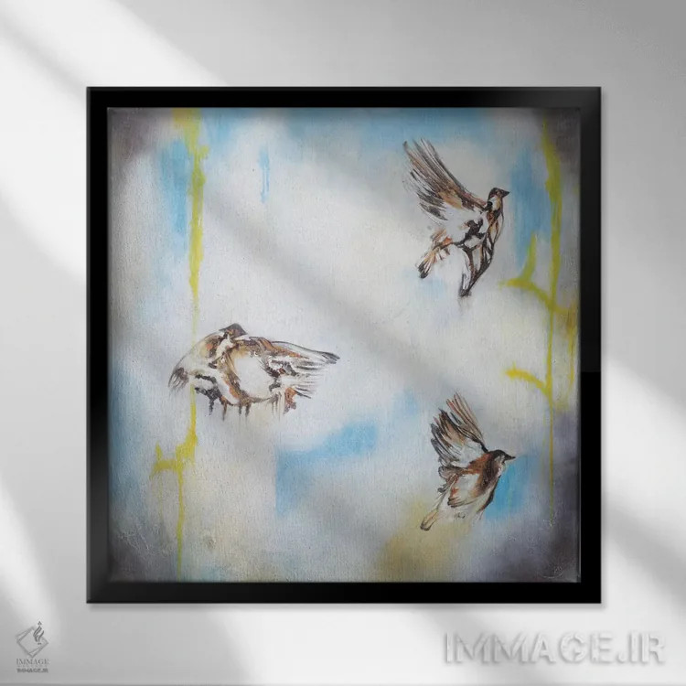 تابلو پرندگان در باد ۱ اثر گابریلا ویارریل - نمای قابدار مشکی