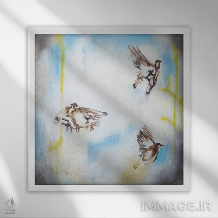 تابلو پرندگان در باد ۱ اثر گابریلا ویارریل - نمای قابدار سفید
