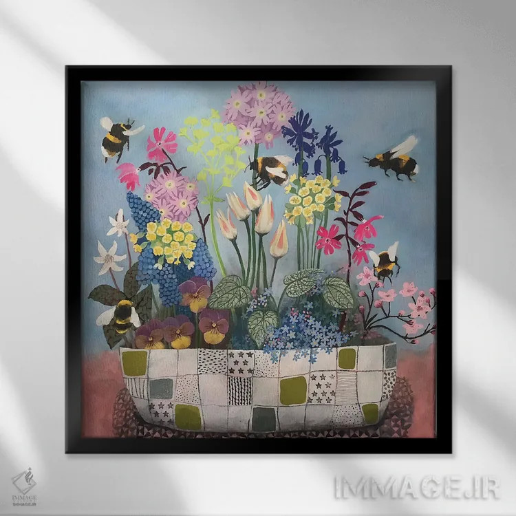 تابلو زنبورهای عسل از گلهای بهاری استقبال میکنند اثر گرتی یانگ - نمای قابدار مشکی