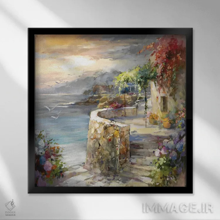 تابلو مرغان دریایی و غروب آفتاب اثر ویلم هنراتس - نمای قابدار مشکی