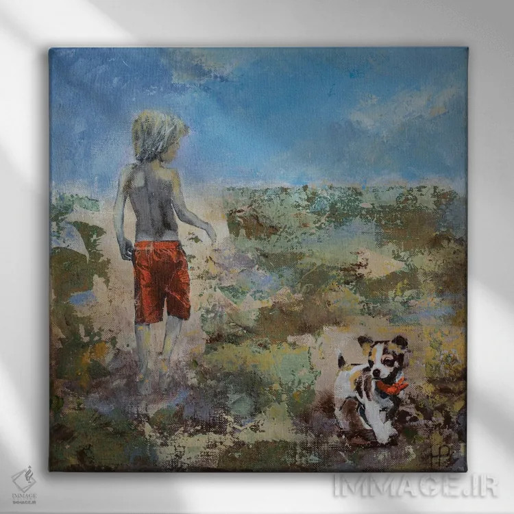 تابلو پسر، سگ و ساحل طلایی اثر هانک پرهبوم - نمای روبهرو روی دیوار