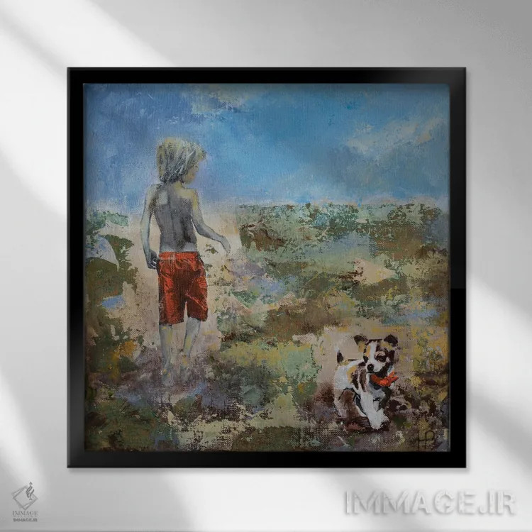تابلو پسر، سگ و ساحل طلایی اثر هانک پرهبوم - نمای قابدار مشکی