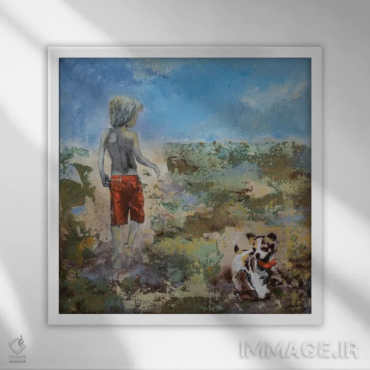 تابلو پسر، سگ و ساحل طلایی اثر هانک پرهبوم - نمای قابدار سفید