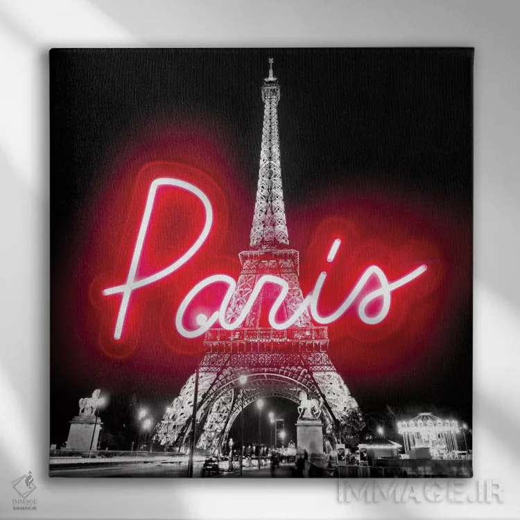 تابلو نئون قرمز پاریس روی مشکی اثر هیلی کار - نمای روبهرو روی دیوار
