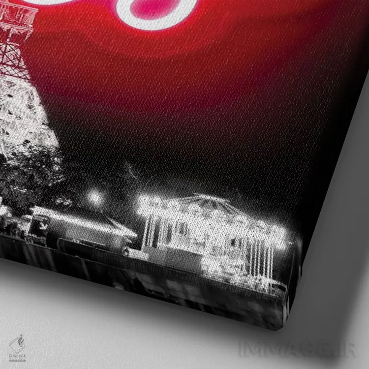 تابلو نئون قرمز پاریس روی مشکی اثر هیلی کار - نمای نزدیک بافت بوم