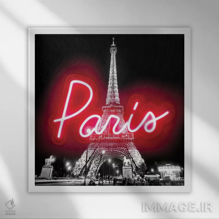 تابلو نئون قرمز پاریس روی مشکی اثر هیلی کار - نمای قابدار سفید