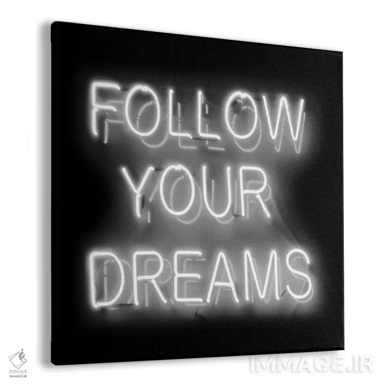 تابلو نئون دنبال رؤیاهایت برو سفید روی مشکی اثر هیلی کار - نمای پرسپکتیو محصول
