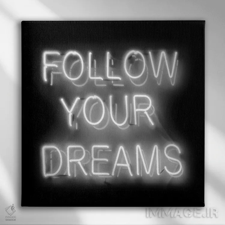 تابلو نئون دنبال رؤیاهایت برو سفید روی مشکی اثر هیلی کار - نمای روبهرو روی دیوار
