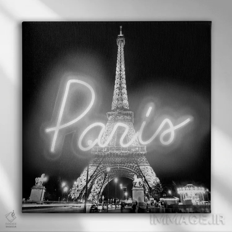 تابلو نئون سفید پاریس روی مشکی اثر هیلی کار - نمای روبهرو روی دیوار