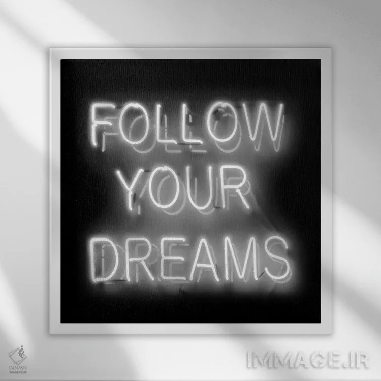 تابلو نئون دنبال رؤیاهایت برو سفید روی مشکی اثر هیلی کار - نمای قابدار سفید