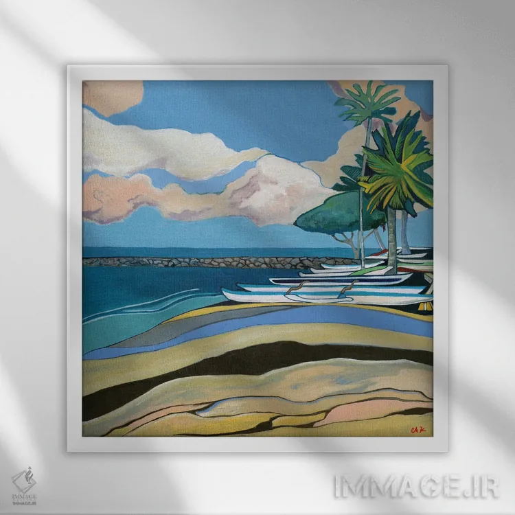 تابلو قایقهای کانو در ساحل وایکیکی اثر هیدن هیل - نمای قابدار سفید