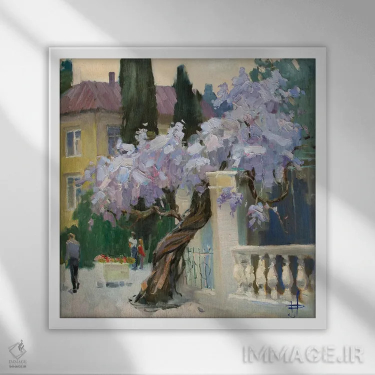 تابلو شکوفهدهی گیاه ویستریا اثر کنتس آرت (هنرمند یا استودیو) - نمای قابدار سفید