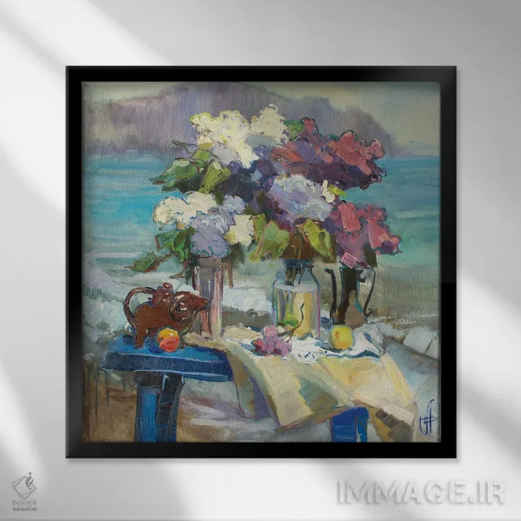 تابلو یاس بنفش کنار دریا اثر کنتس آرت (هنرمند یا استودیو) - نمای قابدار مشکی