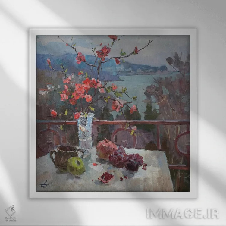 تابلو طبیعت بیجان به ژاپنی اثر کنتس آرت (هنرمند یا استودیو) - نمای قابدار سفید