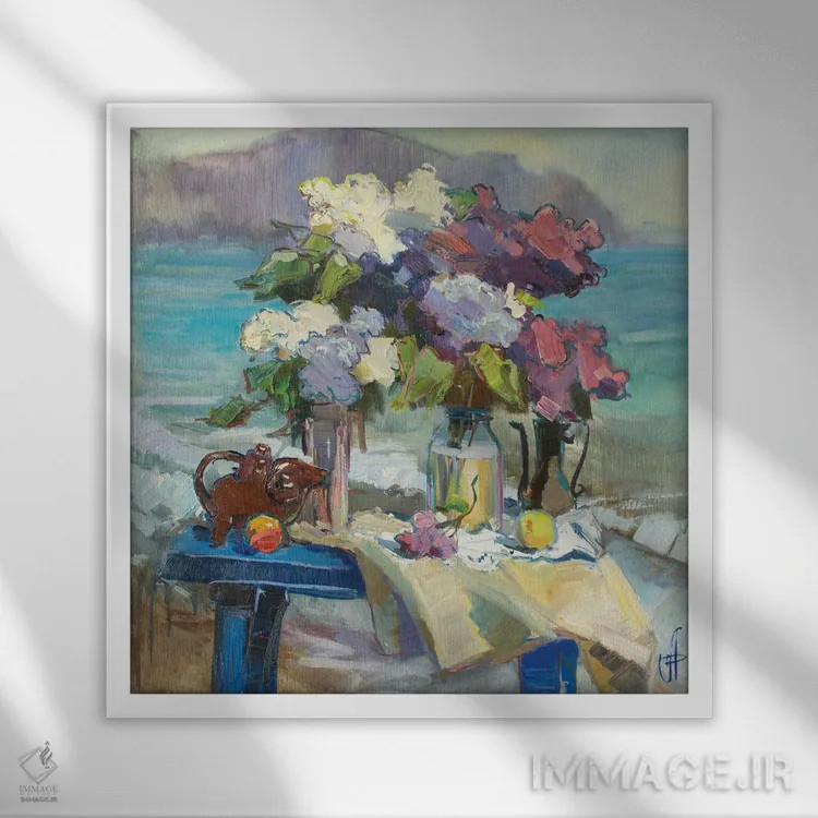 تابلو یاس بنفش کنار دریا اثر کنتس آرت (هنرمند یا استودیو) - نمای قابدار سفید