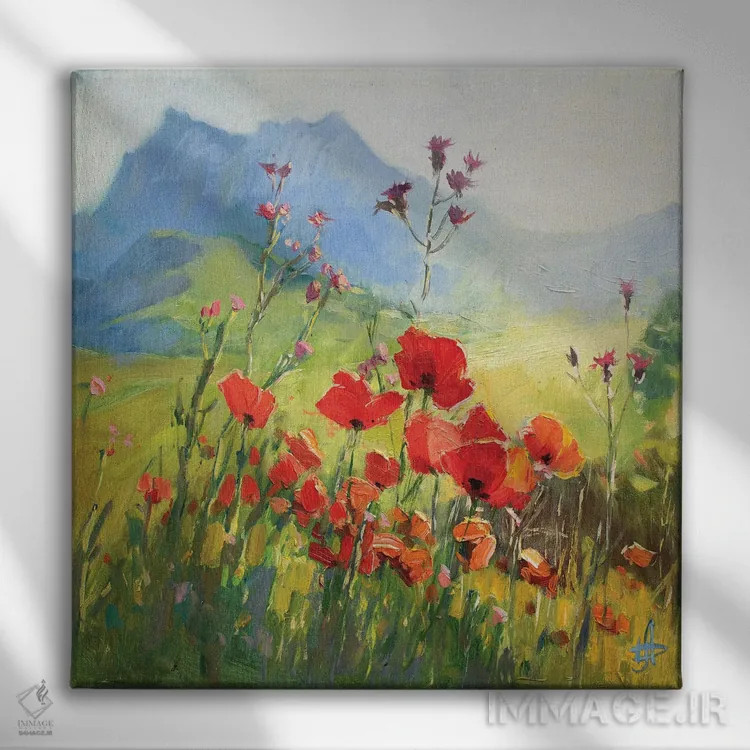 تابلو مزرعه شقایق زیر صخرههای سفید اثر کنتس آرت (هنرمند یا استودیو) - نمای روبهرو روی دیوار