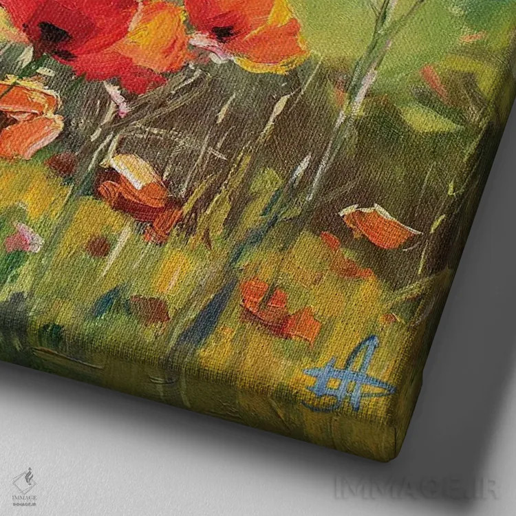 تابلو مزرعه شقایق زیر صخرههای سفید اثر کنتس آرت (هنرمند یا استودیو) - نمای نزدیک بافت بوم