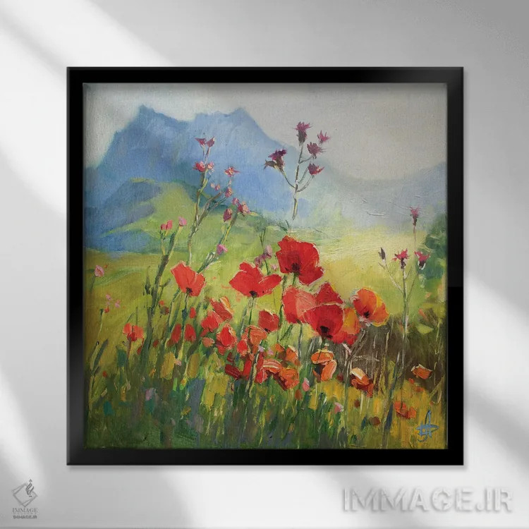 تابلو مزرعه شقایق زیر صخرههای سفید اثر کنتس آرت (هنرمند یا استودیو) - نمای قابدار مشکی