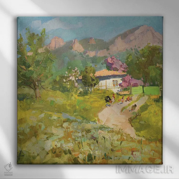 تابلو خانه روستایی بهاری در کوهستان اثر کنتس آرت (هنرمند یا استودیو) - نمای روبهرو روی دیوار
