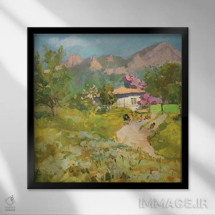 تابلو خانه روستایی بهاری در کوهستان اثر کنتس آرت (هنرمند یا استودیو) - نمای قابدار مشکی