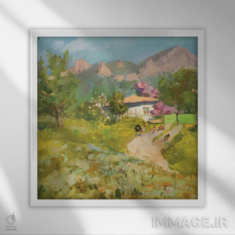 تابلو خانه روستایی بهاری در کوهستان اثر کنتس آرت (هنرمند یا استودیو) - نمای قابدار سفید