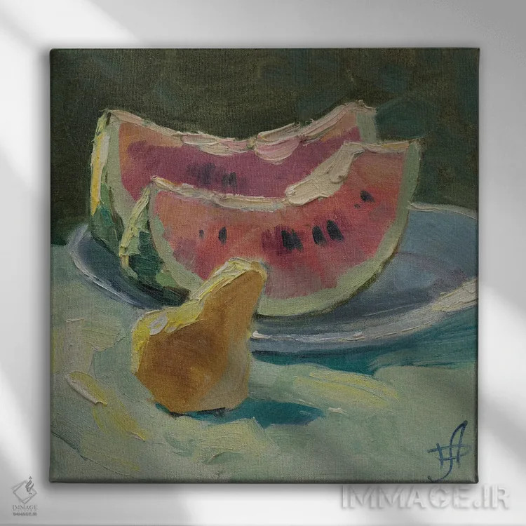 تابلو طبیعت بیجان با هندوانه اثر کنتس آرت (هنرمند یا استودیو) - نمای روبهرو روی دیوار