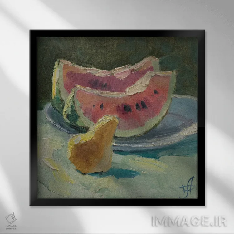 تابلو طبیعت بیجان با هندوانه اثر کنتس آرت (هنرمند یا استودیو) - نمای قابدار مشکی