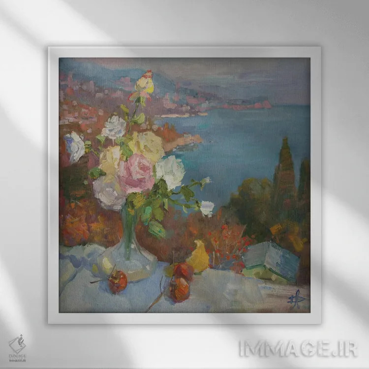 تابلو طبیعت بیجان با منظره خلیج آیا اثر کنتس آرت (هنرمند یا استودیو) - نمای قابدار سفید
