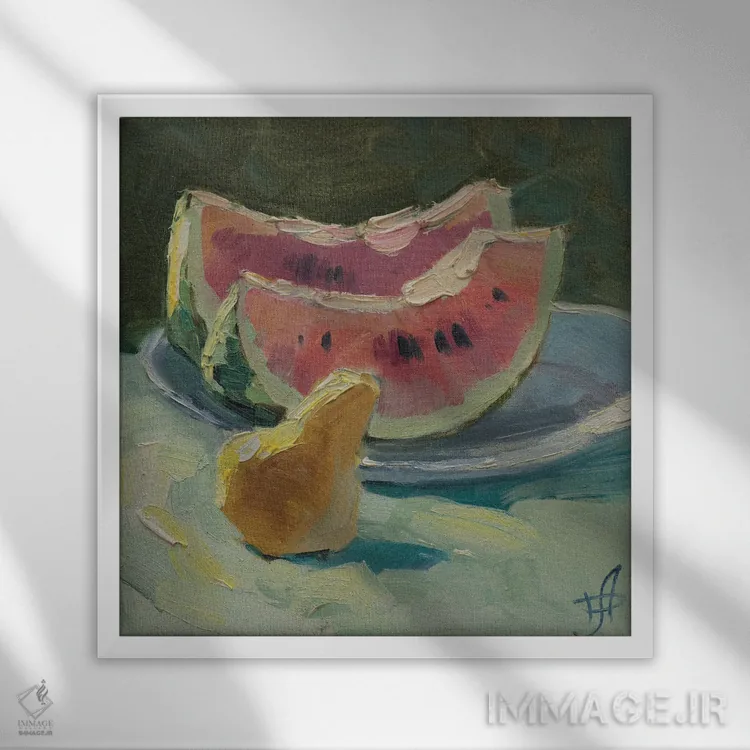 تابلو طبیعت بیجان با هندوانه اثر کنتس آرت (هنرمند یا استودیو) - نمای قابدار سفید