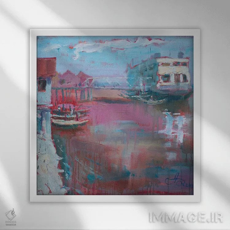 تابلو بندرگاه یانگون اثر کنتس آرت (هنرمند یا استودیو) - نمای قابدار سفید