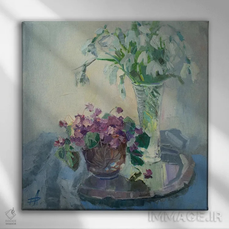 تابلو طبیعت بیجان سیکلامن و گل برفی اثر کنتس آرت (هنرمند یا استودیو) - نمای روبهرو روی دیوار