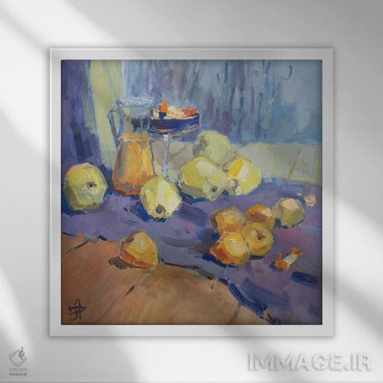 تابلو طبیعت بیجان به و خرمالو اثر کنتس آرت (هنرمند یا استودیو) - نمای قابدار سفید